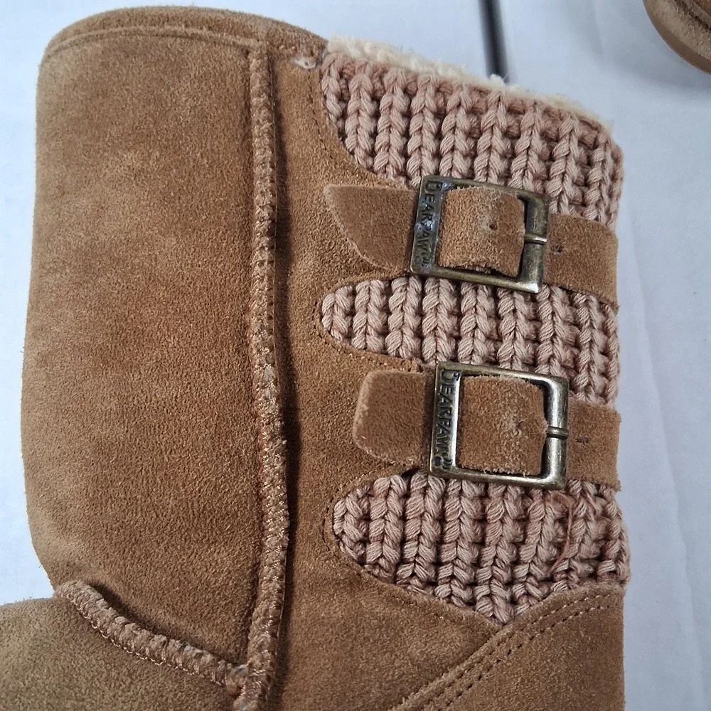 Bearpaw Boshie Youth HIckory Tan Boots Buckle size 5 Suede Sheepskin Wool Lining